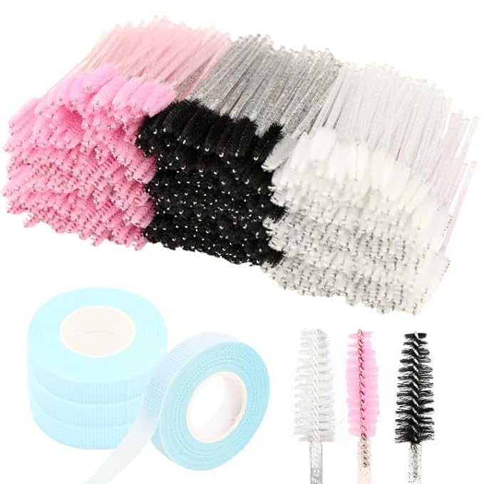 300 PCS Disposable Mascara Wands, Blue Lash Tapes, Lash Spoolies For Eye Lash Extension, Eyebrow Comb, Lash Applicator Tool, Pink & Black & White Mascara Brush