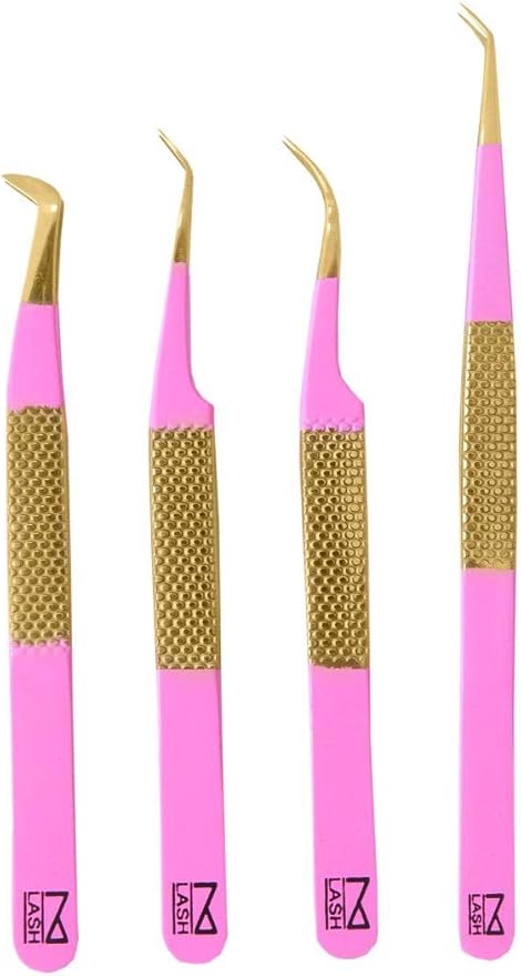 M LASH Tweezers for Eyelash Extensions (Set of 4) - Professional Lash Extension Tweezers - Fiber Tip, Japanese Steel, Diamond Grip Eyelash Extension Tweezer (PMG-SET)