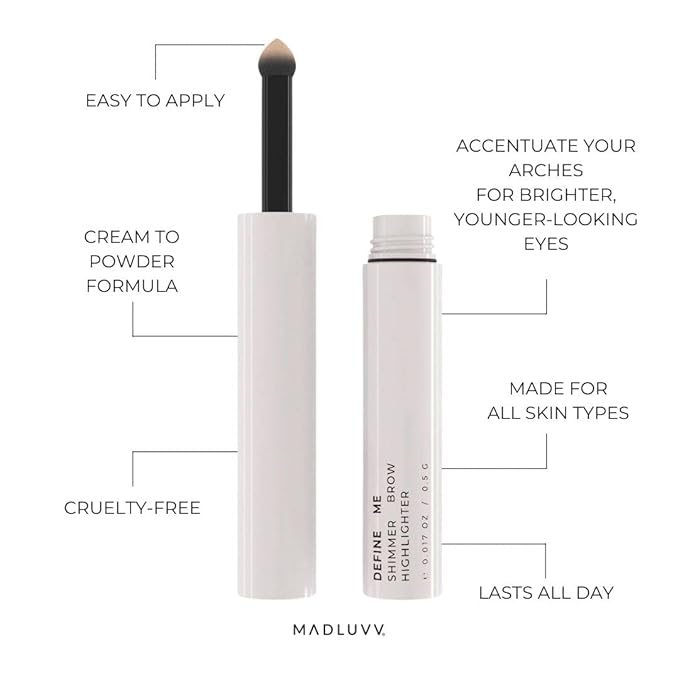 MADLUVV Define Me Eyebrow Highlighter, Last All Day, Accentuate Arches for Brighter Younger Looking Eyes, Universally Flattering for All Skin Shades, Hypoallergenic and Cruelty Free (Shimmer)