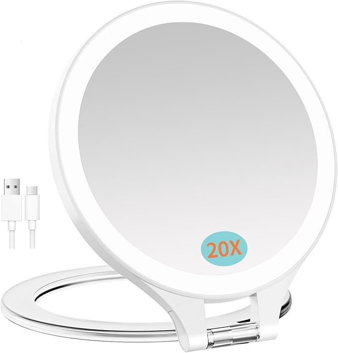 FASCINATE Magnifying Mirror with Light 20X/1X, Double Sided Travel Mirror with Light, Rechargeable Makeup Mirror with 3 Color Setting Adjustable Stand Lighted Vanity Portable Desk Cosmetic