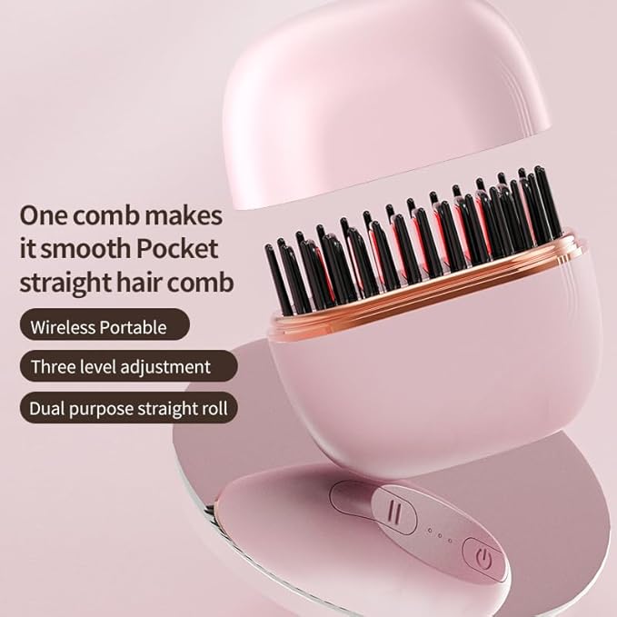 Sevoure Capsule Hair Straightener & Styler, Mini Cordless Hair Straightener Comb Portable Heat Hair Brush for Travel USB Rechargeable Hair Straightener Brush Straight Hair Dual-Use (Pink)