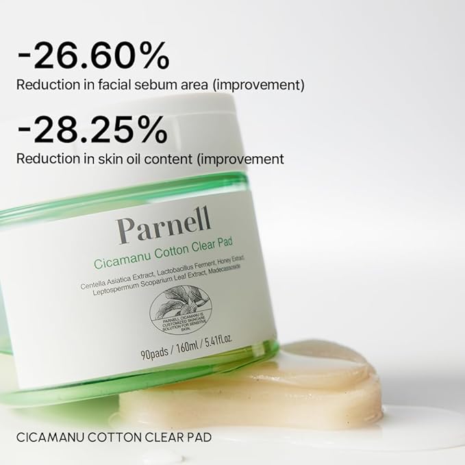 Parnell Cicamanu Cotton Clear Pad | Gentle Daily Exfoliating & Soothing Pads for Acne Prone Sensitive Skin | Cica LHA PHA Ceramide HA | Unbleached Biodegradable (90 Count)
