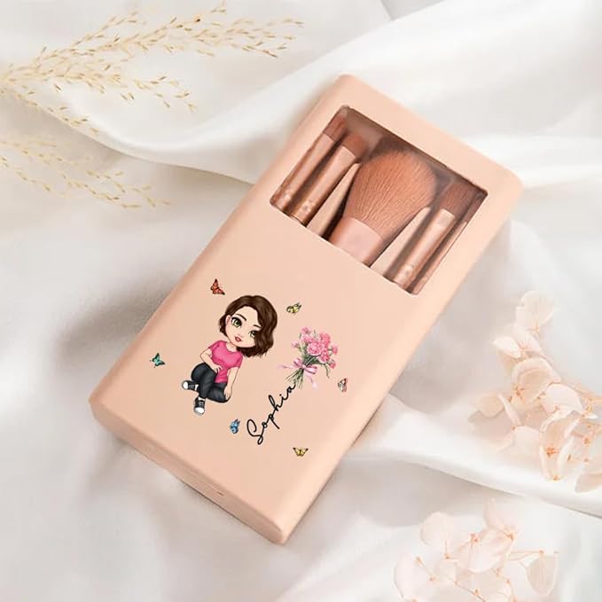 CALLIE Personalized Travel Makeup Brushes Set with Mirror | 5 Pcs | Custom Birth Flower and Name | Birthday Christmas Bridal Shower Gift for Women (Birth Flower Bouquet Name Cartoon)