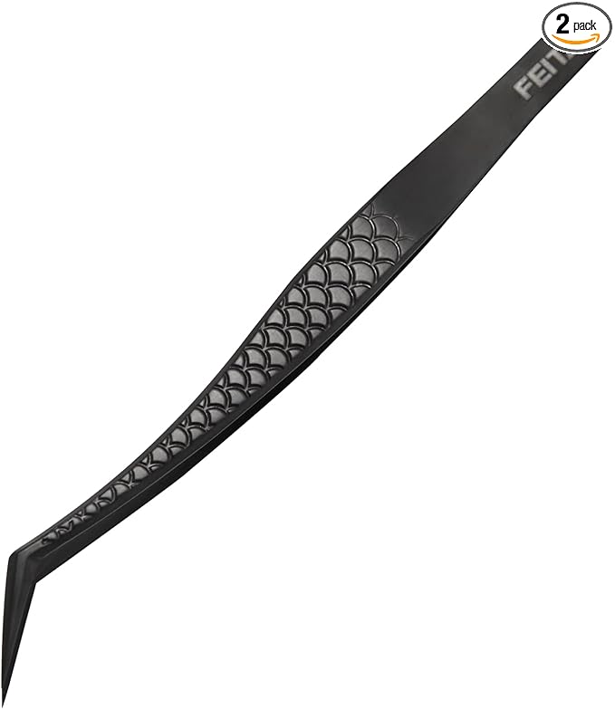 FEITA Diamond Grip Eyelash Extensions Tweezer Lash Precision Tweezers, Japanese Steel Angled Tip, False Lashes Application Tools, Black 1Pc