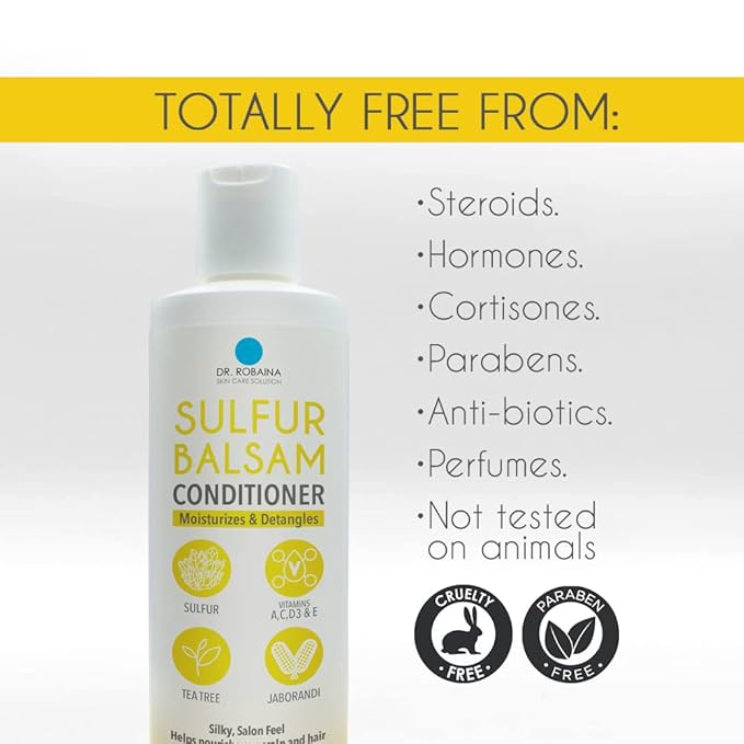 Dr. Robaina Sulfur Balsam Conditioner – Hydrating & Detangling Formula for Sensitive, Flaky or Itchy Scalp – Tea Tree & Shea Butter Blend – Color-Safe, Silicone-Free, 8 fl oz - Made in the USA