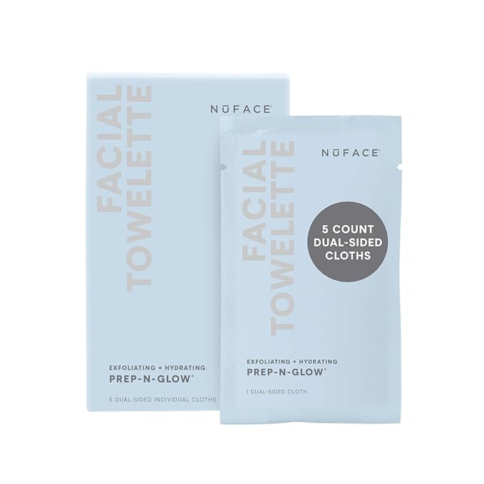 NuFACE Prep-N-Glow Facial Towelettes - 2-in-1 Exfoliating + Cleansing Makeup Remover Wipes, Hyaluronic Acid Travel Face Wipes to Hydrate & Brighten for Glowing Skin - 5 Individually Wrapped Cloths