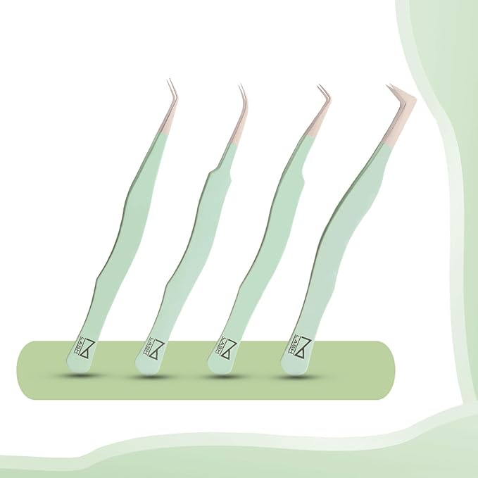 M LASH Eyelash Tweezers for Eyelash Extensions (Set of 4) - Professional Lash Extension Tweezers - Fiber Tip Lash Tweezers, Japanese Steel, Diamond Grip For Flawless Application (Green)