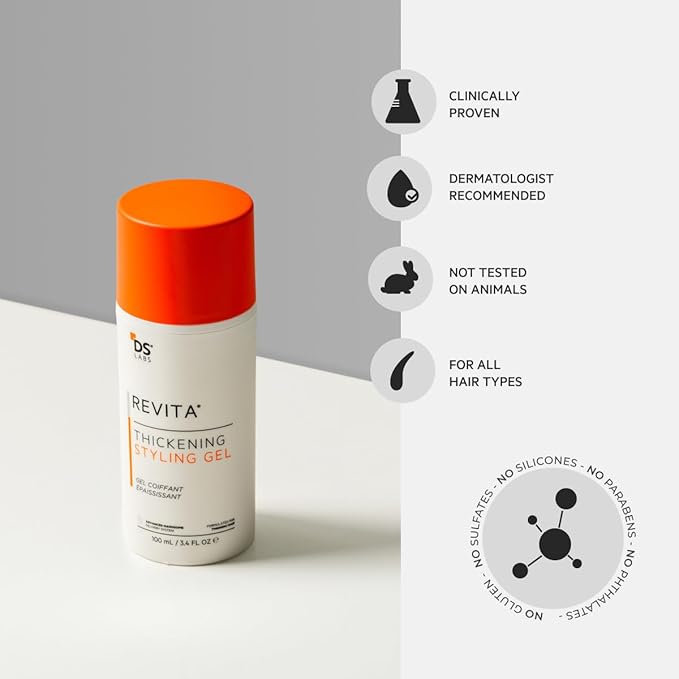 DS Labs Revita Hair Styling Gel for Men - Medium Hold, Volumizing & Thickening with Ginseng, Zinc & Caffeine, Water-Based Formula for Stronger-Looking Hair, No Flakes or Residue, 3.4 Fl Oz