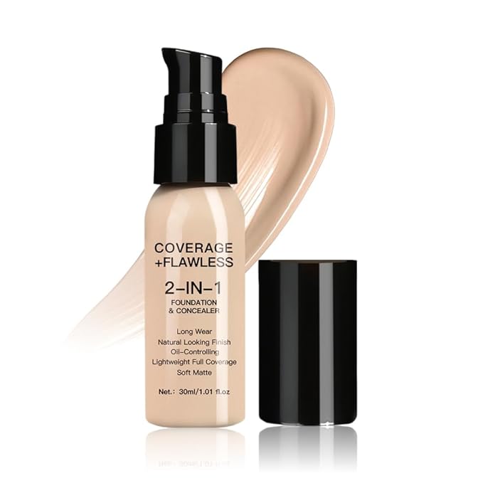 2 in 1 Foundation Concealer, Lightweight Creamy Long Lasting Face Makeup for Combination Oily Skin, Conceals Dark Circles Under Eyes Dark Spots and Blemishes, Vegan Cruelty-Free, Fair