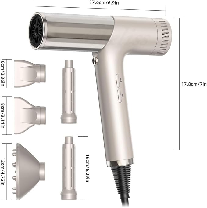 High-Speed Hair Styler and Drying Brush - 110000 RPM Hot Air Brush with Diffuser, Concentrator Attachment, and Oval Curling Wand (silver)