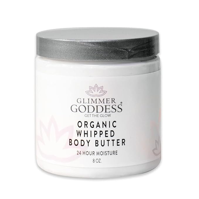 GLIMMER GODDESS Organic Whipped Body Butter for Women - Moisturizer Cream with Shea & Cocoa Butter, Almonds & Coconut Oil - Evening Snow, 8oz