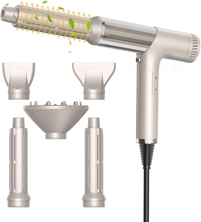 High-Speed Hair Styler and Drying Brush - 110000 RPM Hot Air Brush with Diffuser, Concentrator Attachment, and Oval Curling Wand (silver)