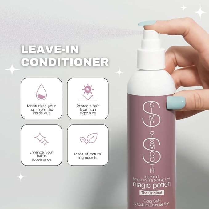SIMPLY SMOOTH Xtend Keratin Reparative Magic Potion Original Leave In Conditioner Detangler & Heat Protection Spray Repair & Reduce Breakage Color Safe & Sodium Chloride Free 33.8 Oz