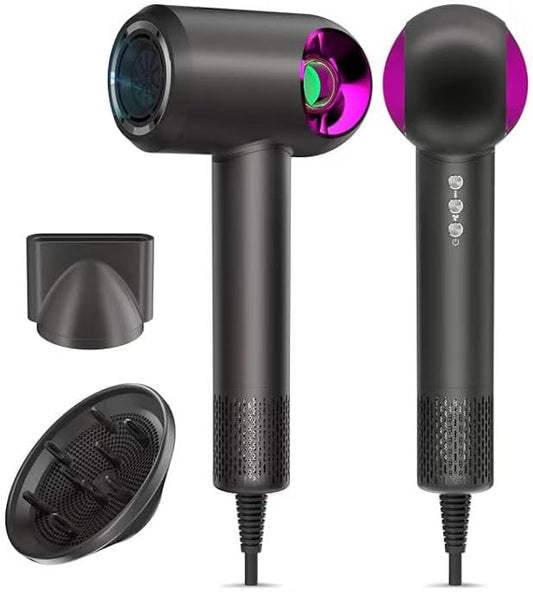 Hair Dryer, High-Speed Ionic Low Noise Blow Dryer with Diffuser for Fast Drying, Professional 500 Millions Negative Ionic Thermo-Control Hairdryer, Travel with Magnetic Diffuser & Nozzle