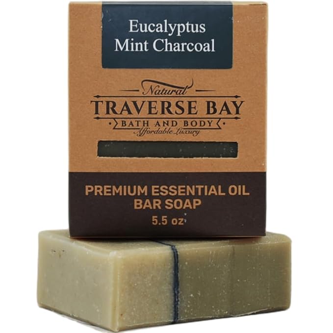 Traverse Bay Bath and Body Natural Cold Process Soap Rugged 4-Bar Variety Pack, Pine Tar, Eucalyptus Mint Charcoal, Northern Forest, Workshop Pumice 5.5 oz Each, 22+ oz Total