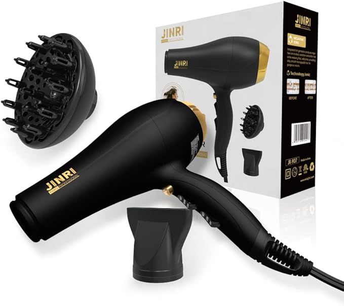 JINRI Hair Dryer, 2000W, 3 Heat & 2 Speed, Detachable Air Intake, with Diffuser, with Concentrator, Hanging Strap, Non-Foldable, Black
