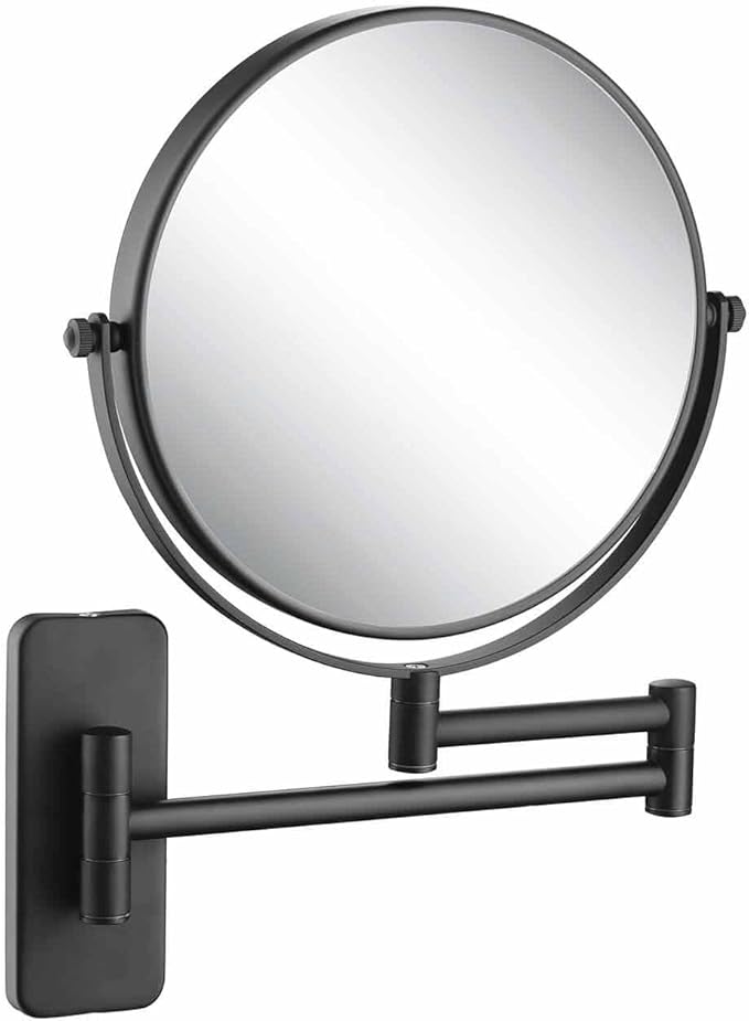 KIBI Circular Wall Mount Makeup Mirror, Dual-Sided 1x/5x Magnifying Mirror with Extendable Arm, 360° Swivel, Solid Brass Construction for Durability and Style (Matte Black - KMM100)