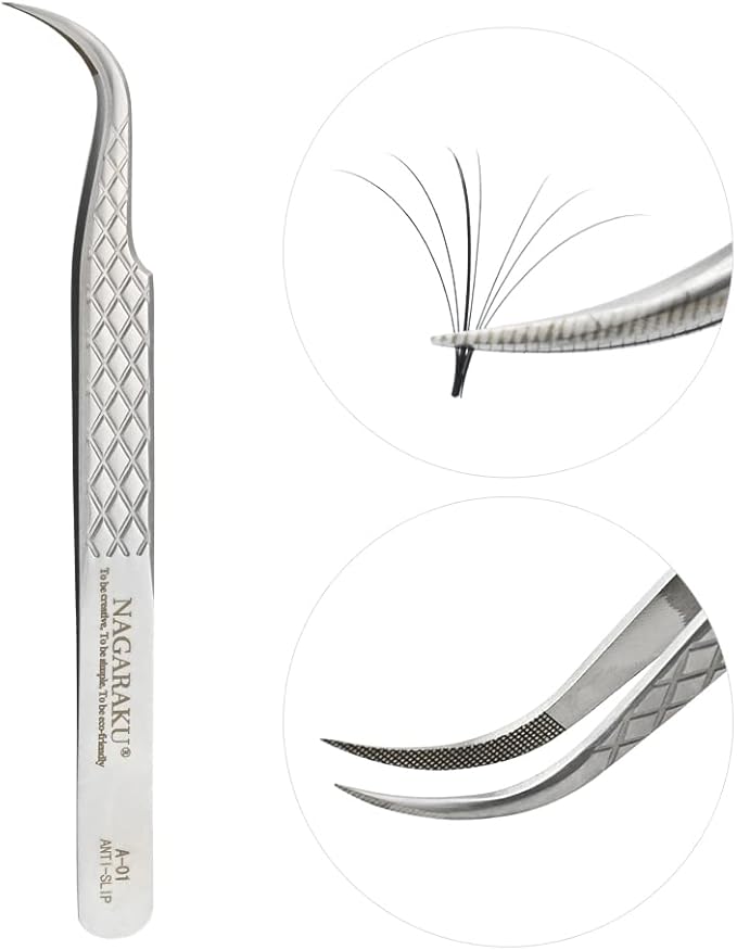 NAGARAKU Eyelash Extension Tweezers Diamond Grip with Pattern on tip Precision Durable Curved Professional for Classic Lash Fanning Volume (A-01)