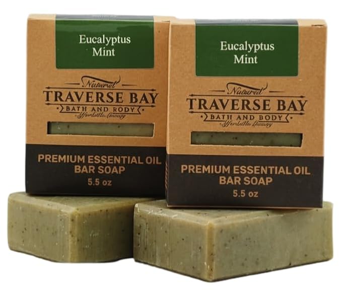 Traverse Bay Bath and Body Eucalyptus Mint Natural Cold Process Soap, Essential Oil Based, Cooling Eucalyptus and Peppermint, 2 Bars, 11+ oz