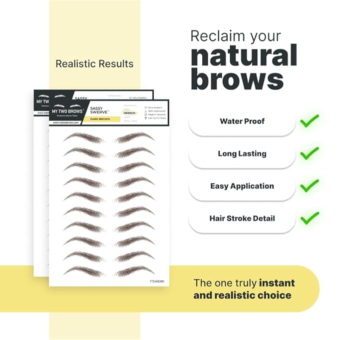 30 Pairs Dark Brown Temporary Eyebrow Tattoos, Waterproof and Smudge-Proof Medium Sassy Swerve Style Realistic Eyebrow Stickers for Women, Easy to Apply, Won't Work on Existing Brows
