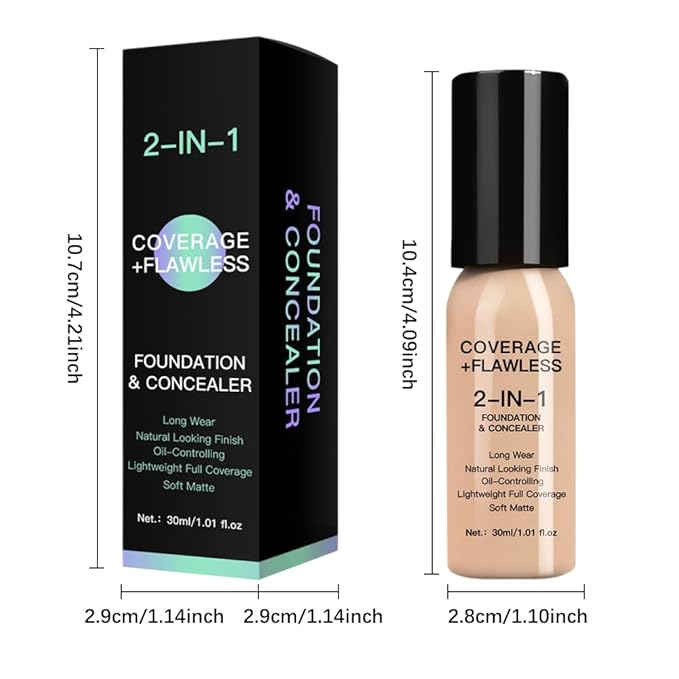 2 in 1 Foundation Concealer, Lightweight Creamy Long Lasting Face Makeup for Combination Oily Skin, Conceals Dark Circles Under Eyes Dark Spots and Blemishes, Vegan Cruelty-Free, Tan Beige