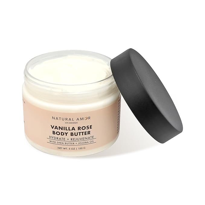 Natural Amor Vanilla Rose Body Butter with Shea Butter & Jojoba Oil – Deep Moisturizing Cream for Dry Skin – Non-Greasy Daily Skincare for Women & Men – 5oz