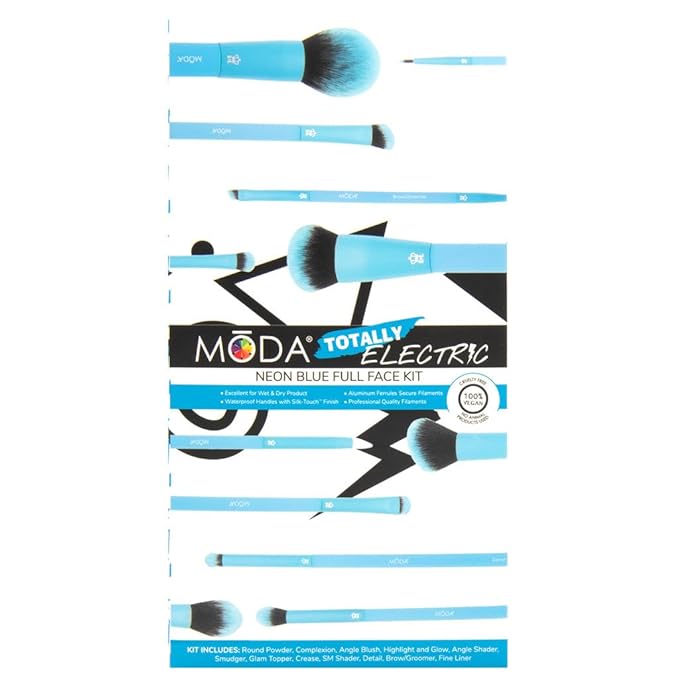 MODA Totally Electric Neon Blue Full Face Makeup Brush Kit – 13pc Vibrant Brush Set for Face & Eyes with Zip Case