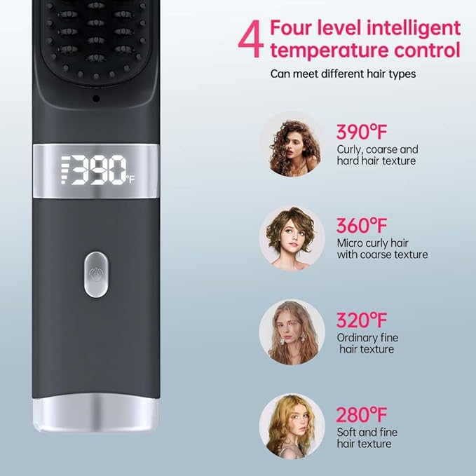Cordless Hair Straightener Brush Portable on The go Comb for Travel USB chargingTwo Power sources30s Fast HeatingLCD Large Screen Display (Black)
