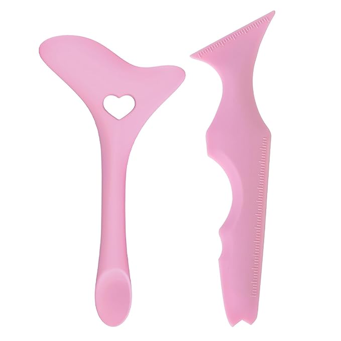 2Pcs Eyeliner Stencils, 5 in 1 Silicone Winged Tip for Eyebrows Eyelashes Lip Line Aid, Mascara Shield and Applicator Pads, Silicone Eye Makeup Tool Set for Beginners, (PINK)
