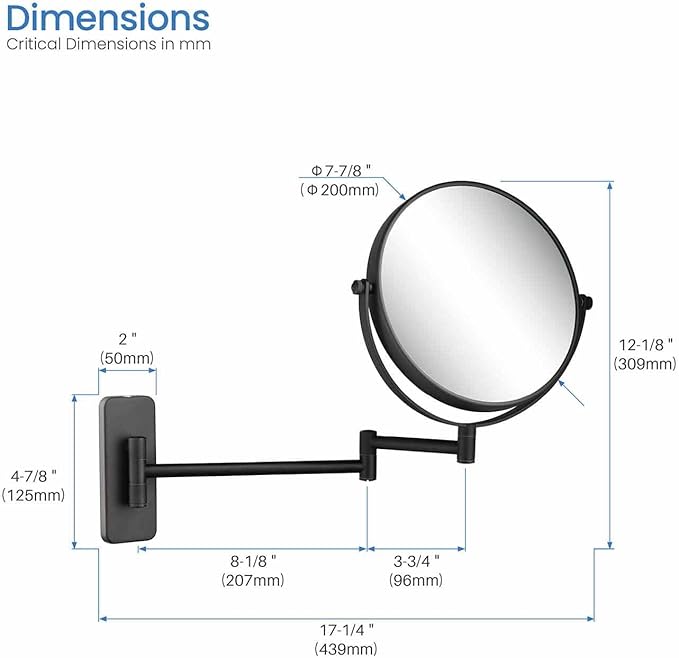 KIBI Circular Wall Mount Makeup Mirror, Dual-Sided 1x/5x Magnifying Mirror with Extendable Arm, 360° Swivel, Solid Brass Construction for Durability and Style (Matte Black - KMM100)