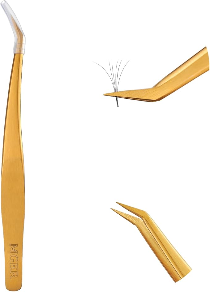 MGER Lash Tweezers for Eyelash Extension-Professional Lashing Tweezers for Mega Volume Mink Eyelashes Extensions Applying, Gold tweezers