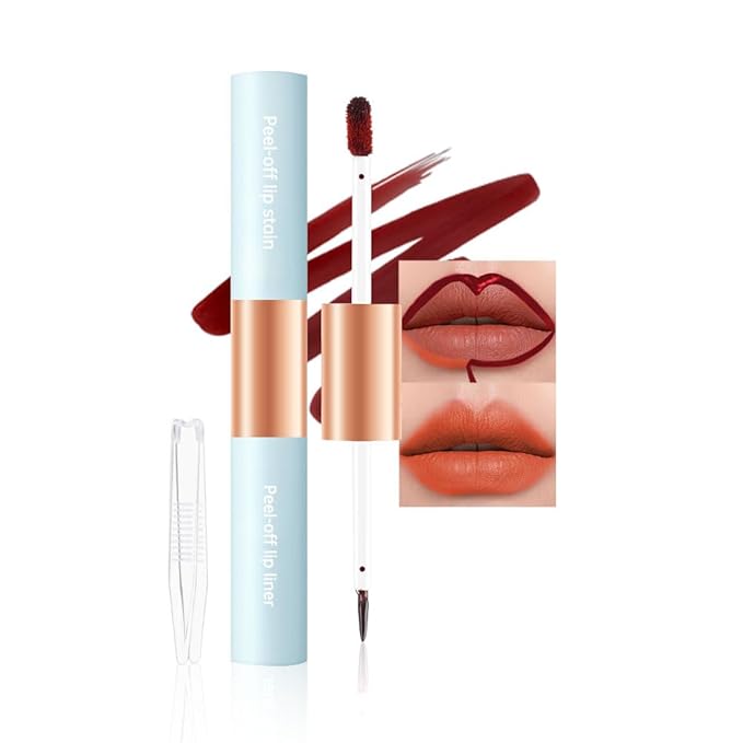Double-head design Lip Stain Lip Liner Stain,Matte Finish Peel Off Lip Stain with Tweezer, Long Lasting Lightweight Smoothing Waterproof Smudge-proof Transfer-proof, Easy to Use,2#Coral