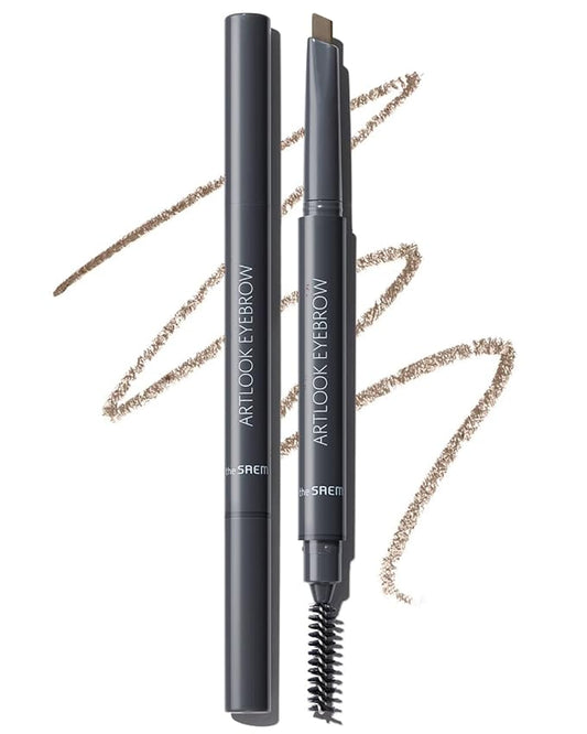 THESAEM Artlook Eyebrow Definer Pencil with Spoolie Brush 01 Brown – Long Lasting Eyebrow Makeup for Soft Textured with Vitamin E - Triangular Pencil