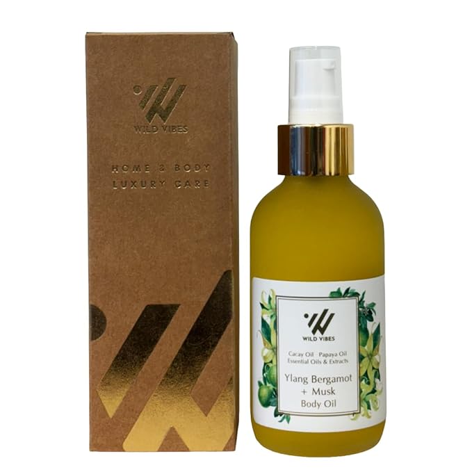 Wild Vibes Ylang Bergamot + Musk Body Oil with Vitamin E for Women After Shower – Nourishing Botanical Blend with Jojoba, Papaya Seed & Cacay Oil – Lightweight Hydration for Radiant Skin 4oz
