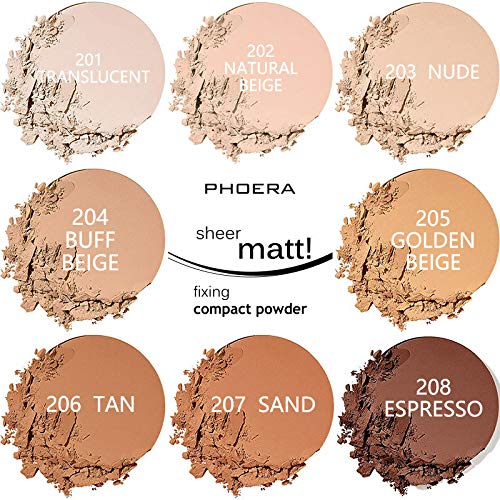 2 Pack PHOERA Matte Face Powder, Control Oil Brighten Skin Color Cover Blemish Makeup Face Setting Setting Powder Foundation。(201-Translucent)
