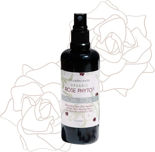 Peak Scents Organic Phyto³ Rose Water Facial Toner Spray - Pure Rosewater for Face, with Acaí and Herbal Extracts - Eco-Friendly and Vegan - Hydrating Rose Water Organic Face Spray (4 oz)