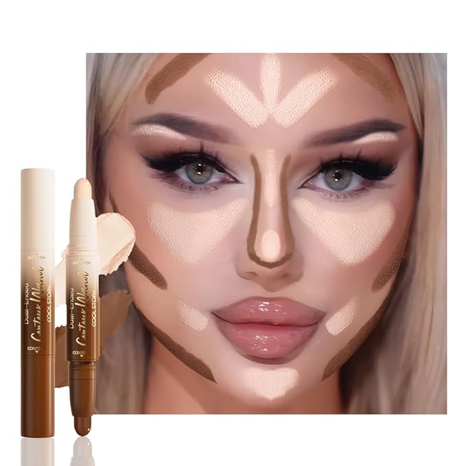 2in1 Nuetral Nude + Beige Cream Contour Highlighter Stick, Dual-Ended Highlighter Makeup Contour Stick, Contour Stick Dual Ended For Face Body Makeup, Long Lasting Waterproof for All Skin Tones