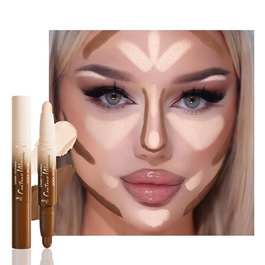 2in1 Nuetral Nude + Beige Cream Contour Highlighter Stick, Dual-Ended Highlighter Makeup Contour Stick, Contour Stick Dual Ended For Face Body Makeup, Long Lasting Waterproof for All Skin Tones