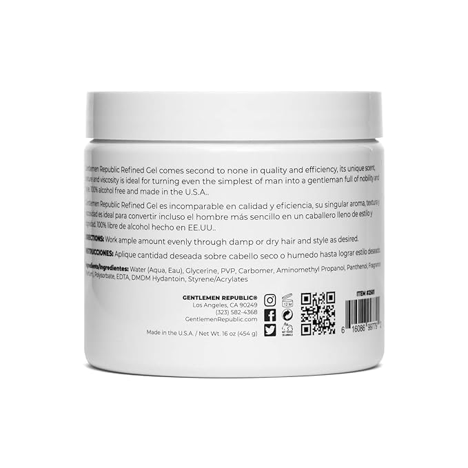 Gentlemen Republic 16oz Refined Hair Gel w/Pump - Professional Formula for 24 Hour Shine and Hold, Humidity Resistant, 100% Alcohol-Free and Never Flakes, Made in the USA