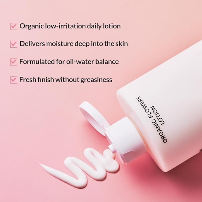 Whamisa Organic Flowers Lotion Double Rich, 95.2% Organic, Waterless Formula, Fermented Postbiotic for Deep Hydration & Soothing, Moisturizing, Korean Skin Care (200ml)