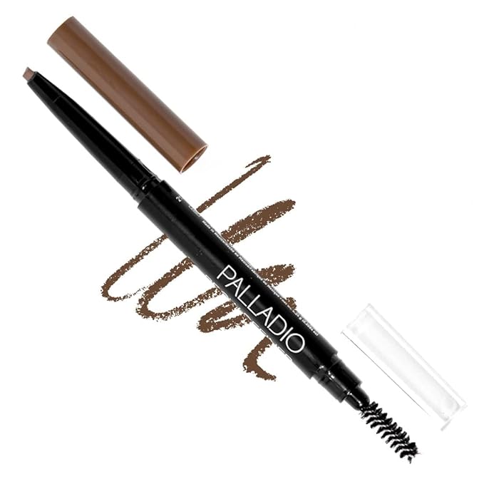 Palladio Brow Definer Retractable Pencil, Triangular Tip Fills Brows for a Natural Look, Tame and Shape Eyebrows with Spoolie Brush, Eyebrow Shaper, Buildable Light to Dark Colors, (Medium Brown)