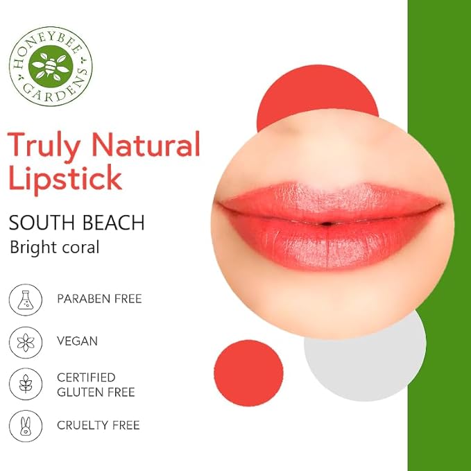 Honeybee Gardens Truly Natural Long Lasting Lipstick, South Beach, Bright Coral with Red Undertones, Naturally Hydrating & Nourishing, Vegan, Gluten-Free & Cruelty-Free, 0.11 oz / 3 g