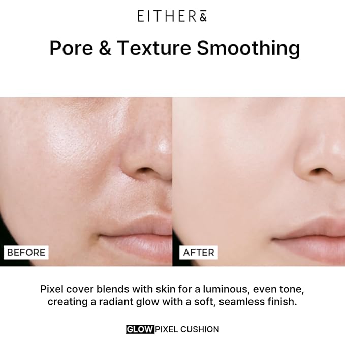 EITHER& Glow Pixel Cushion Foundation | Skincare-Infused Glow Finish, Lightweight, Pore Blurring, Long-Lasting Coverage, Korean Beauty (30N Walnut)