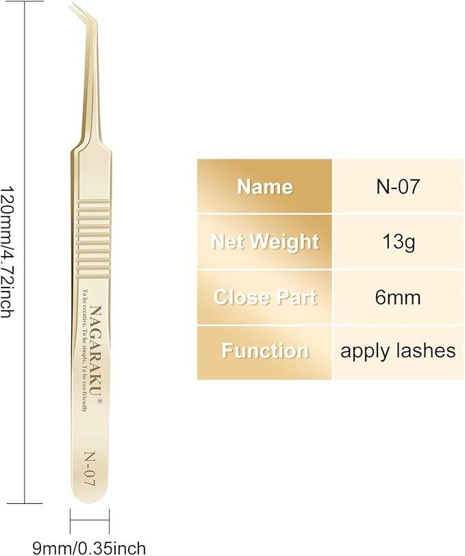 NAGARAKU Tweezers for Eyelash Extensions Gold Curved Angled Volume Cluster Super Light Weight Easy Fanning Tweezers Stainless Steel Precision (N-07)