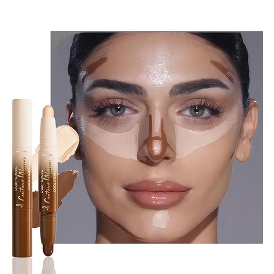 2in1 Nude+Light Beige Cream Contour Highlighter Stick, Dual-Ended Highlighter Makeup Contour Stick, Contour Stick Dual Ended For Face Body Makeup, Long Lasting Waterproof for All Skin Tones