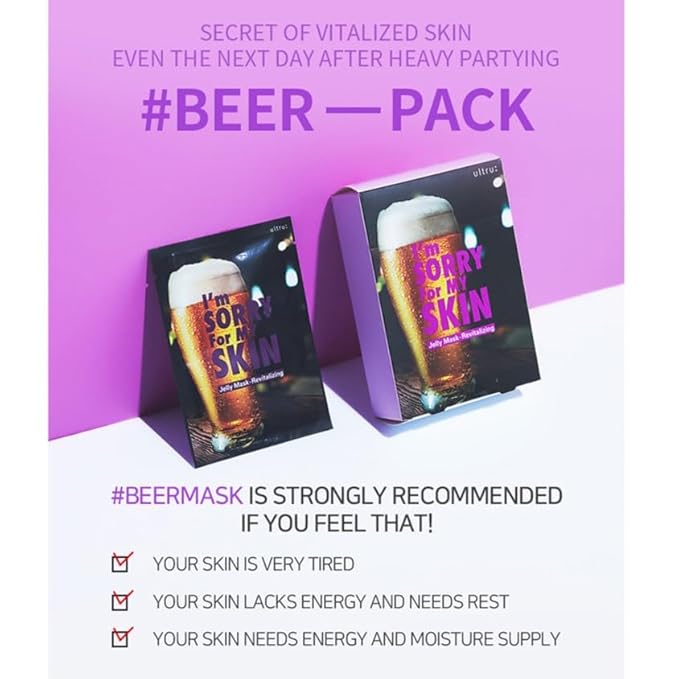 I'M SORRY FOR MY SKIN Jelly Face Mask Korean Skin Care, Hydrating Face Masks Skincare Set, Self Care Items for Glow Beauty, Teacher Appreciation Gifts for Women, Pack of 10 (Beer Revitalizing Mask)