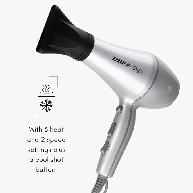 Taiff Style IonSense Professional Hair Dryer | 1875W Ionic Ceramic Blow Dryer with Diffuser | Lightweight Travel Friendly | Dual Voltage - Fast Drying | Silver