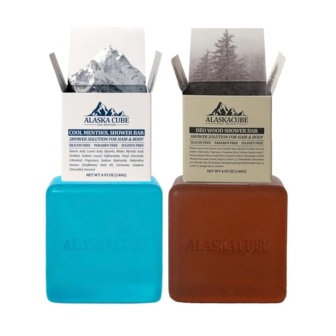 Shower Bar Body Bath Soap (Set of 2) Cleanser Cooling Refreshing Effect Rich Foam Body Wash Shampoo Deodorant for Face and Body Menthol Mint Sandalwood Woody for men and women