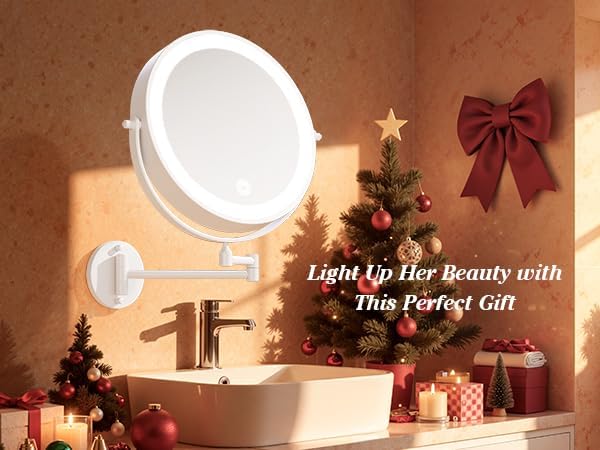 9'' 30X/1X Wall Mounted Lighted Makeup Mirror, 5000mAh Rechargeable Double-Sided Magnifying Mirror with Light, Vanity Mirror Touch Dimmable 3 Colors 360° Rotation Extended Foldable Arm, Power Adapter