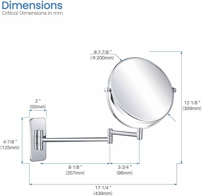 KIBI Circular Wall Mount Makeup Mirror, Dual-Sided 1x/5x Magnifying Mirror with Extendable Arm, 360° Swivel, Solid Brass Construction for Durability and Style (Chrome, KMM100)